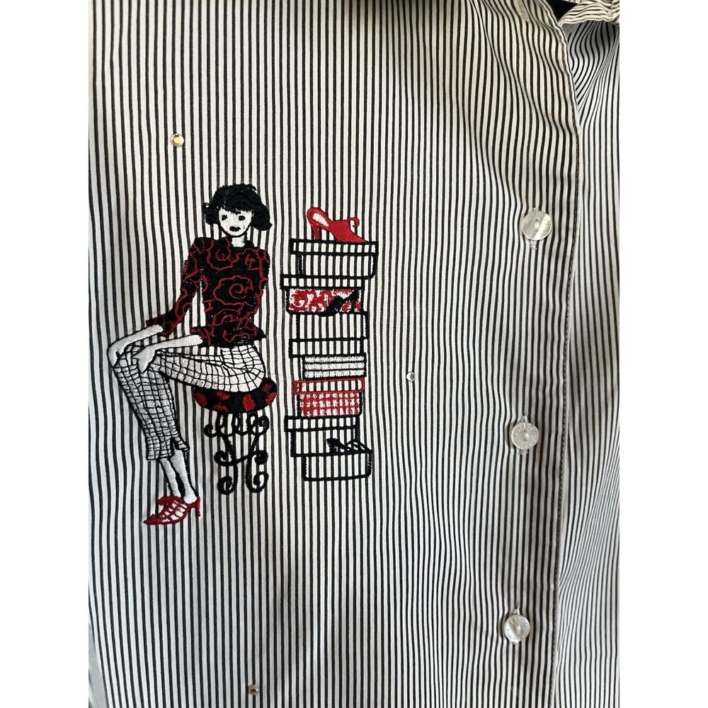 Striped Black/White Allison Daley 14 Embroidered Gifts Rhinestones Shirt Blouse